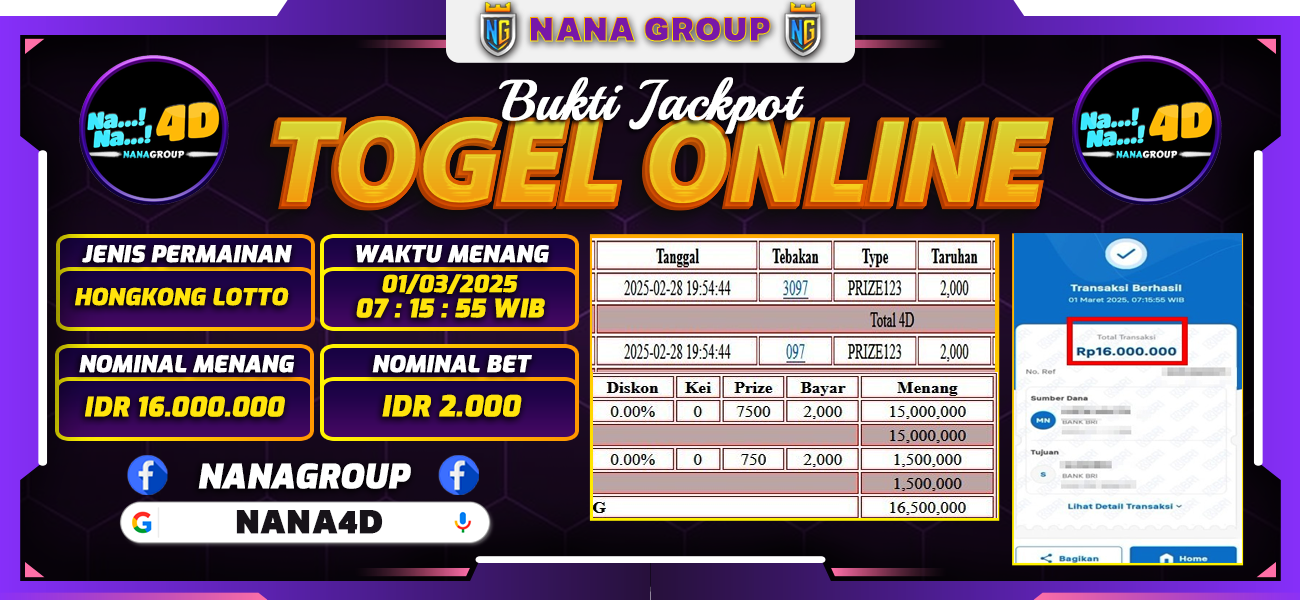 Bukti Kemenangan Besar Dibayar lunas Member NANA4D RP 16.000.000, 1 Maret 2025