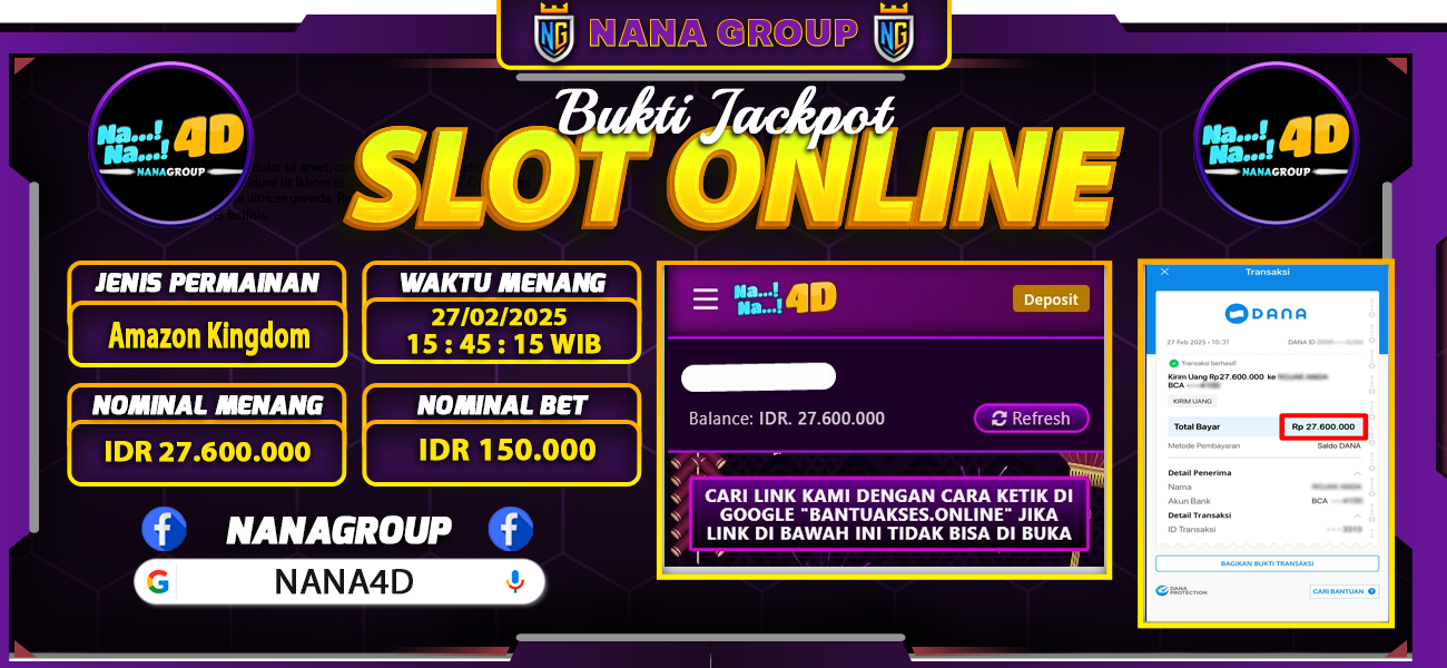 Bukti Kemenangan Besar Dibayar lunas Member NANA4D RP 27.600.000, 27 Februari 2025