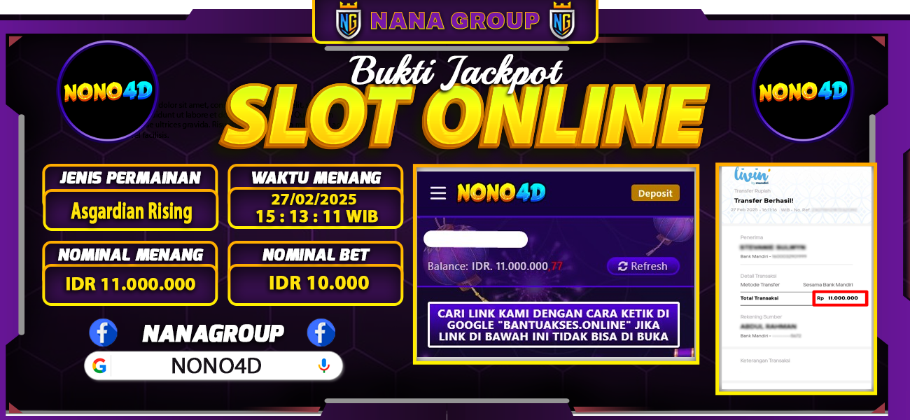 Bukti Kemenangan Besar Dibayar lunas Member NONO4D RP 11.000.000, 27 Februari 2025