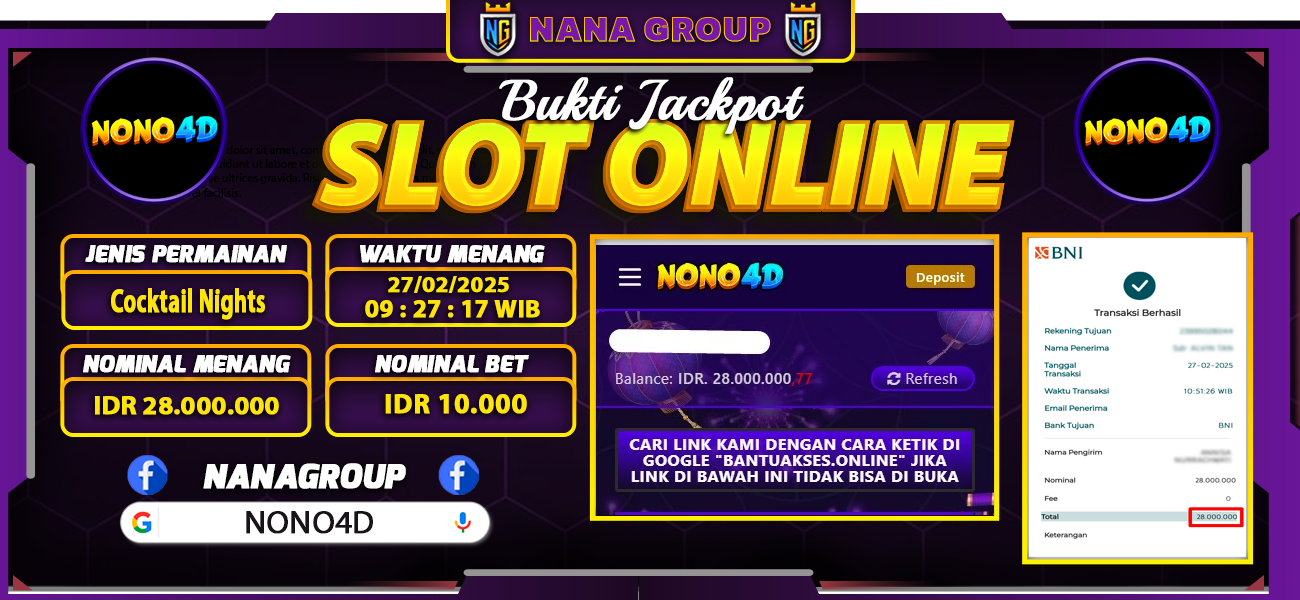 Bukti Kemenangan Besar Dibayar lunas Member NONO4D RP 28.000.000, 27 Februari 2025