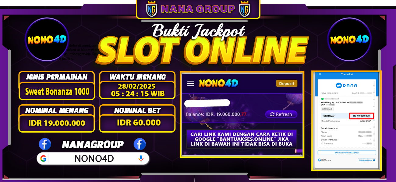 Bukti Kemenangan Besar Dibayar lunas Member NONO4D RP 19.000.000, 28 Februari 2025